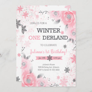 Invitation Rose Rose Winter Wonderland 1er anniversaire Invit