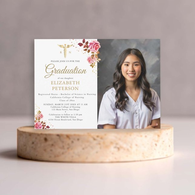 Invitation Rose Roses Gold Caduceus Infirmière Diplôme de l'é (nursing school graduation gold caduceum roses frame contemporary modern photo nurse watercolor class)