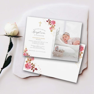 Invitation Rose Roses Gold Cross Baby Toddler Photo Baptême