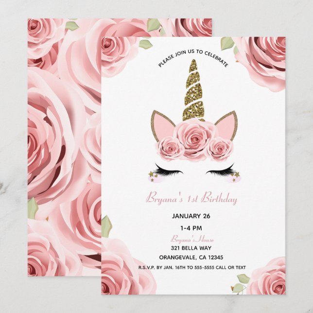 Invitation Rose Roses Or Parties scintillant Unicorne Floral  (Devant / Derrière)