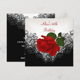 Invitation Rose rouge 60 ans Anniversaire Broderie Blanc Noir