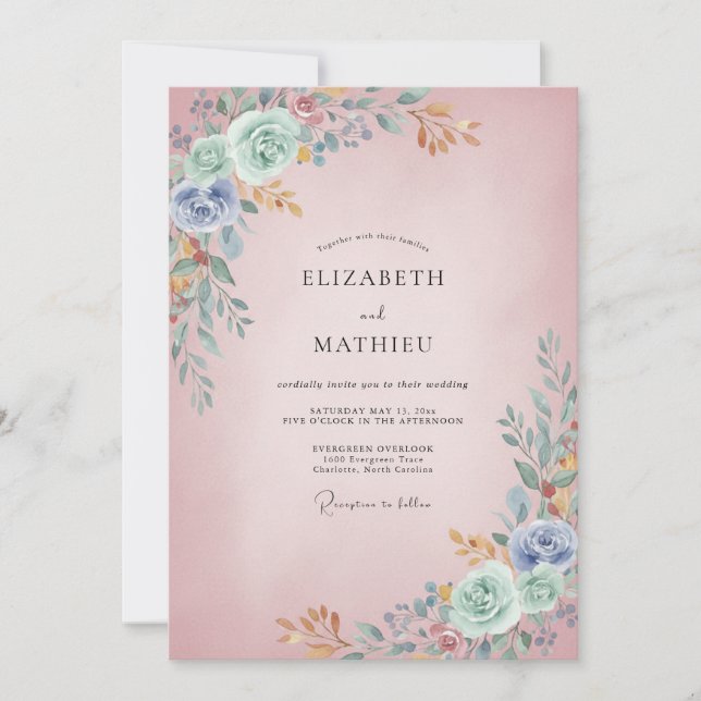 Invitation Rose Rouge Aqua Ranunculus Eucalyptus Mariage (Devant)