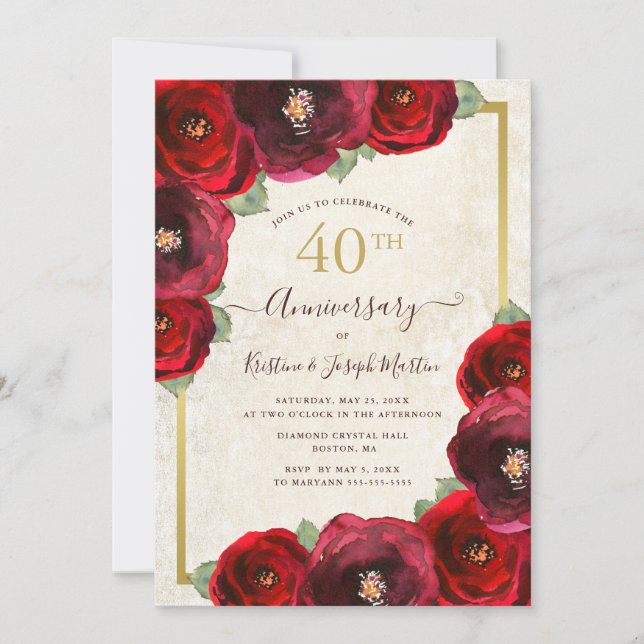 Invitation Rose rouge Aquarelle or floral 40e anniversaire (Devant)