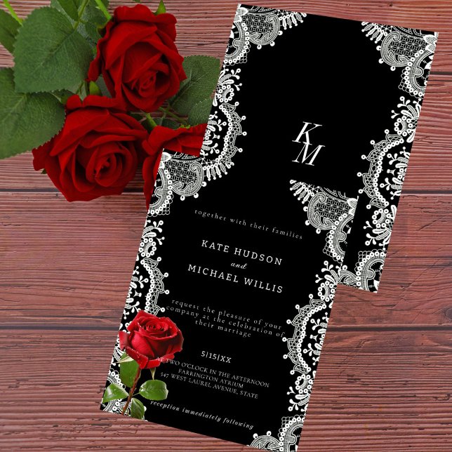 Invitation Rose rouge Beau Mariage de dentelle blanche (Créateur téléchargé)
