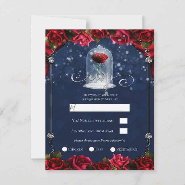 Invitation Rose Rouge Bleu Marine Blanc Or Argent RSVP à la s (Devant)