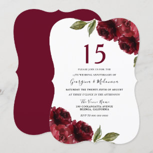 Invitation Rose rouge Bourgogne Élégant 15e anniversaire de M