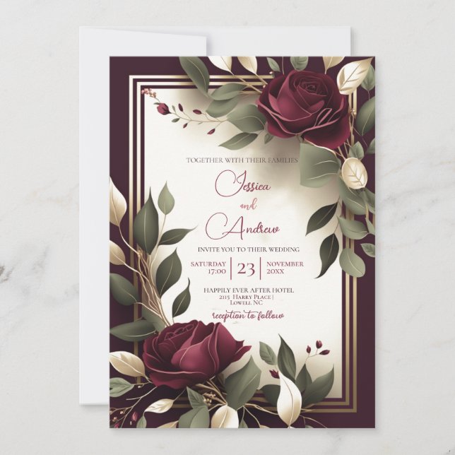 Invitation Rose rouge BourgogneFloral Faux Gold Mariage de lu (Devant)