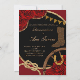 Invitation Rose Rouge Charra Quinceañera Fête Mexicaine