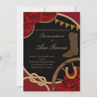 Invitation Rose Rouge Charra Quinceañera Fête Mexicaine 