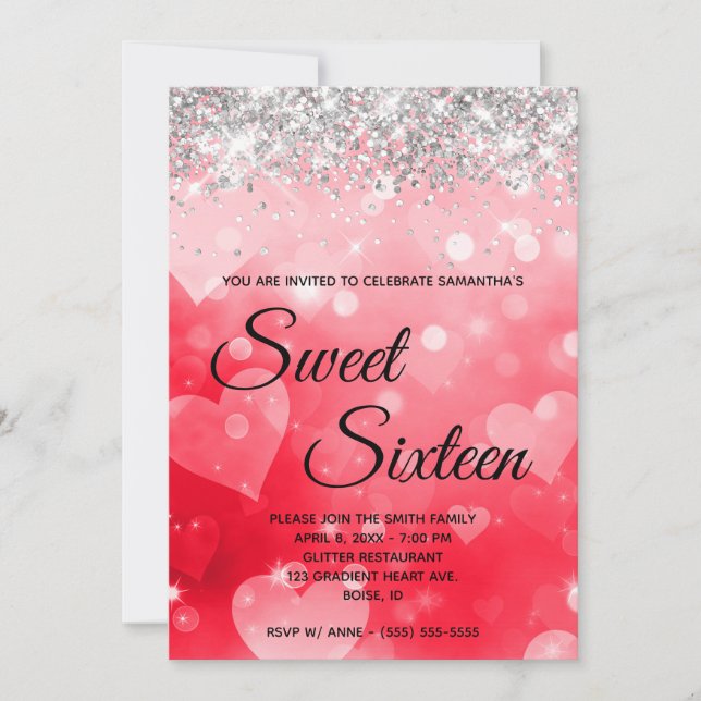 Invitation Rose Rouge Coeur Gradient Argent Parties scintilla (Devant)