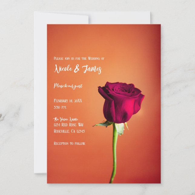 Invitation Rose Rouge Coucher de Soleil Orange Mariage Romant (Devant)