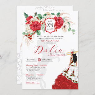 Invitation Rose rouge Crest Floral Elegant Charra Quinceañera