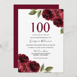 Invitation Rose rouge de Bourgogne Florale femmes 100e annive