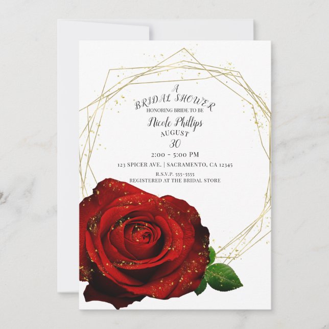 Invitation Rose rouge doré : fête de mariage géométrique et g (Devant)