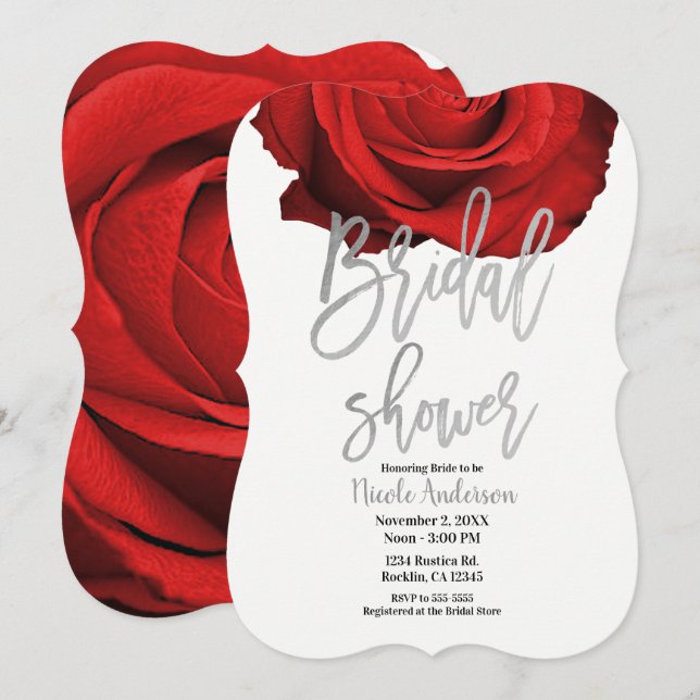 Invitation Rose Rouge Écriture Argentée Moderne Tendance Mari (Devant / Derrière)