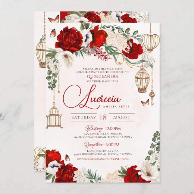 Invitation Rose Rouge Élégant Botanique Papillon Quinceañera (Devant / Derrière)