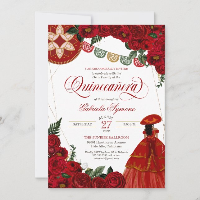 Invitation Rose rouge Elegant Charra / Mariachi Robe Quinceañ (Devant)