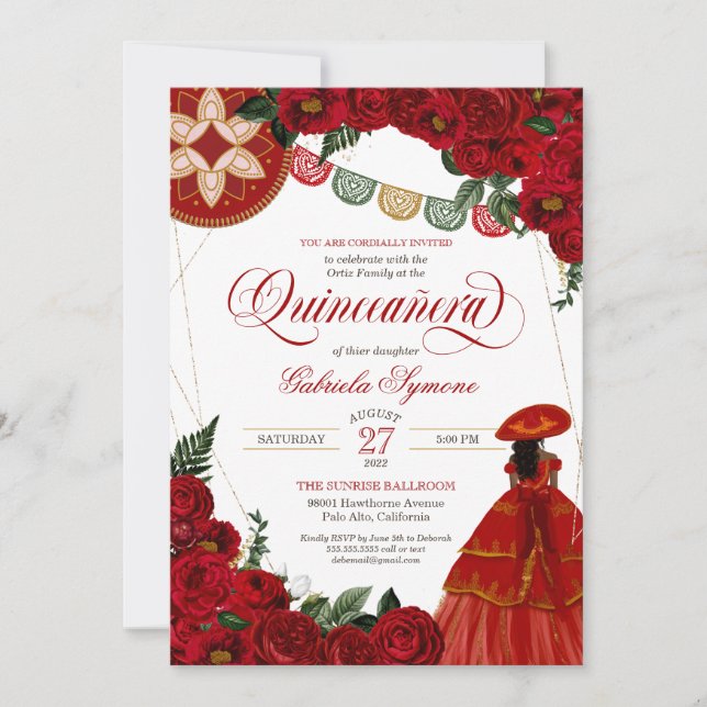 Invitation Rose rouge Elegant Charra / Mariachi Robe Quinceañ (Devant)