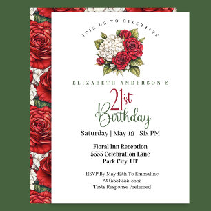 Invitation Rose rouge élégante 21e anniversaire