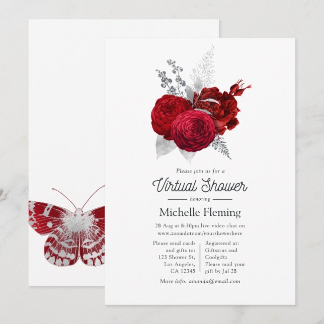 Invitation Rose rouge et argentée virtuelle douche vintage (Devant / Derrière)