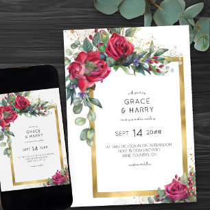 Invitation Rose rouge et Eucalyptus Gold Frame Mariage