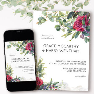 Invitation Rose rouge et eucalyptus Mariage simple moderne