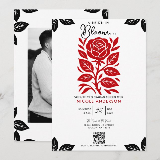 Invitation Rose rouge et noir Fleurs Mariage (Devant / Derrière)