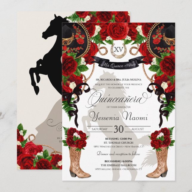 Invitation Rose rouge et noir Occident Charra Quinceanera (Devant / Derrière)