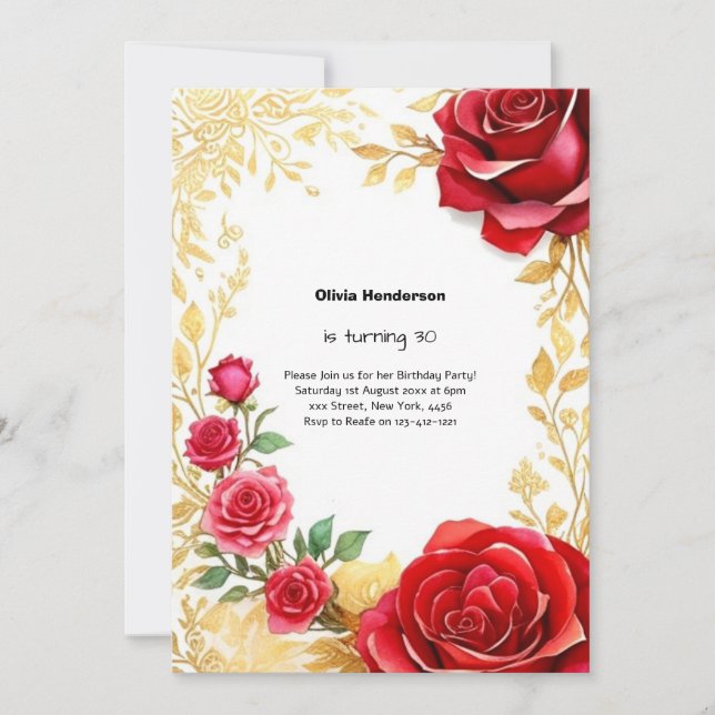 Invitation Rose rouge et or 30e anniversaire (Devant)