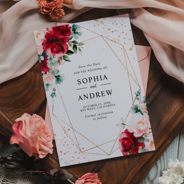 Invitation Rose rouge et or aquarelle florale Enregistrer la  (Créateur téléchargé)