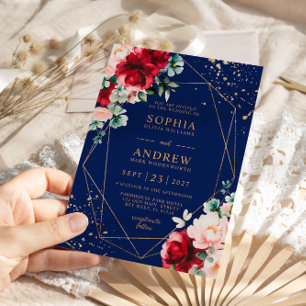 Invitation Rose rouge et or Aquarelle Mariage floral