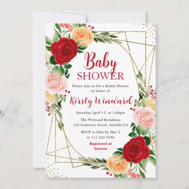 Invitation Rose rouge et orange et Baby shower de trame or (Devant)