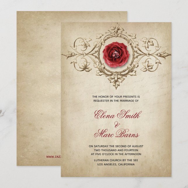 Invitation Rose rouge et ornement de mariage beige (Devant / Derrière)