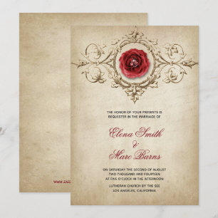 Invitation Rose rouge et ornement de mariage beige