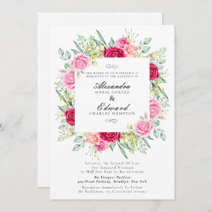 Invitation Rose rouge et rose, mariage des jardins