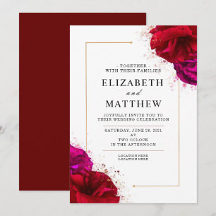 Invitation Rose rouge et rose profonde avec bordure ornée or