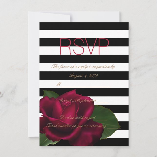 Invitation Rose rouge et RSVP de mariage noir à rayure noire (Devant)