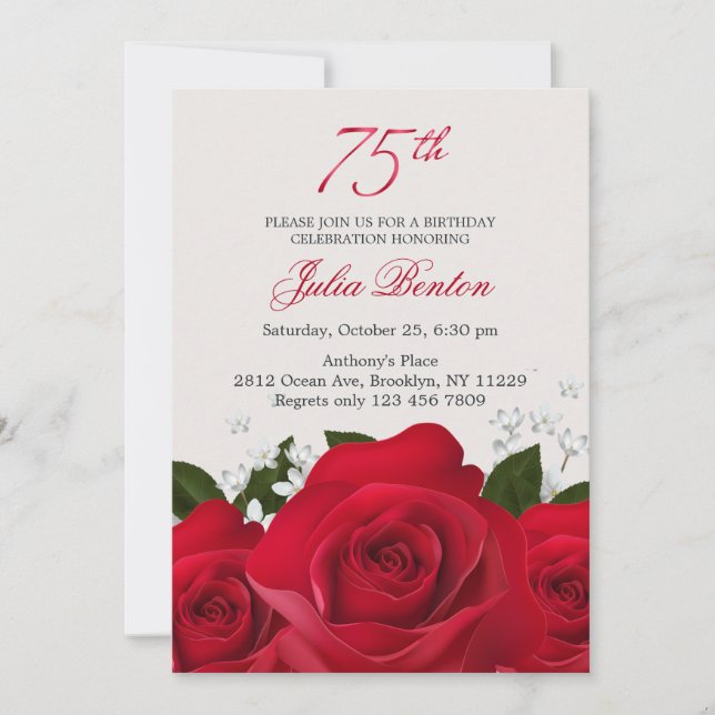 Invitation Rose rouge, fleurs blanches 75e anniversaire (Devant)