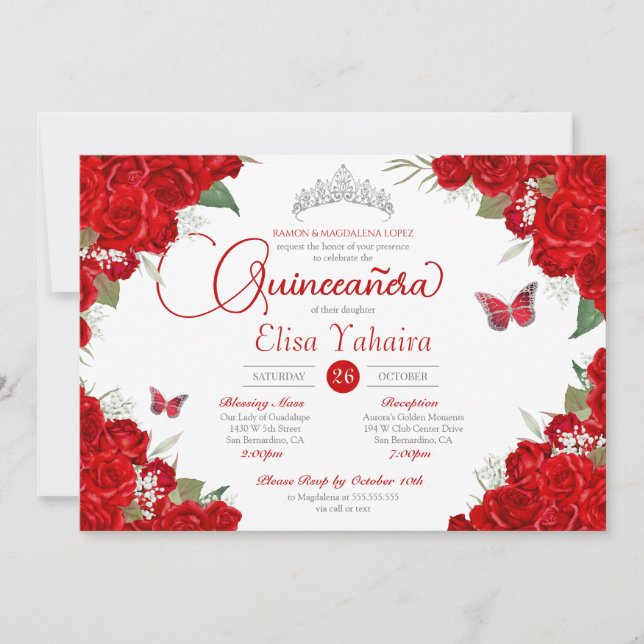 Invitation Rose rouge Floral Argent Tiara Papillon Quinceaner (Devant)