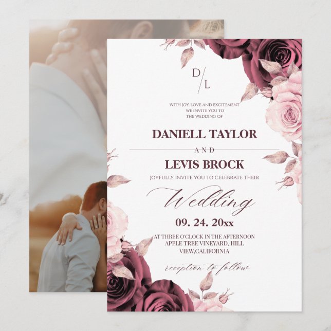 Invitation Rose Rouge Floral Élégant Mariage  (Devant / Derrière)