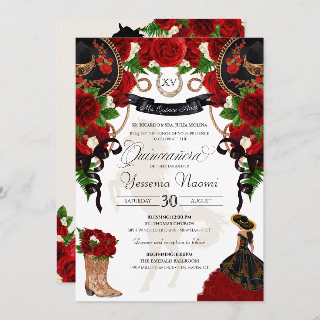 Invitation Rose rouge Floral Mariachi Charro Quinceanera (Devant / Derrière)