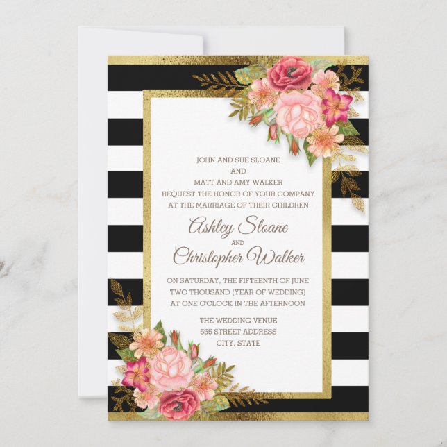 Invitation Rose Rouge Floral Noir Blanc Rayures Or Mariage (Devant)
