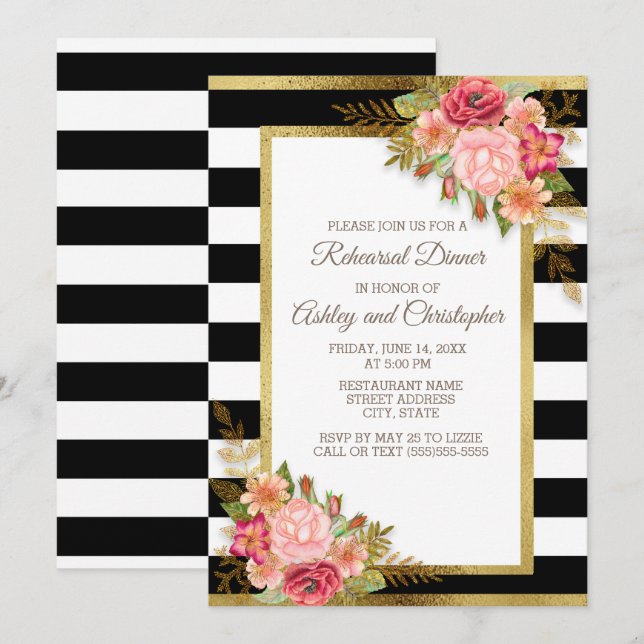 Invitation Rose Rouge Floral Noir Blanc Rayures Or Mariage (Devant / Derrière)