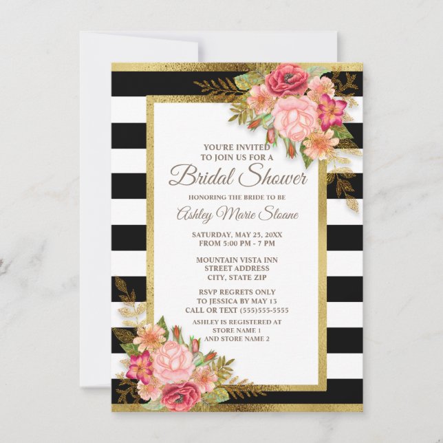Invitation Rose Rouge Floral Noir Blanc Rayures Or Mariage (Devant)