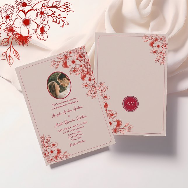 Invitation Rose Rouge Floral Photo Mariage (Créateur téléchargé)