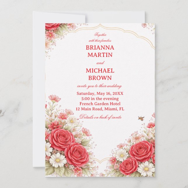 Invitation Rose Rouge Floral Romantique (Devant)