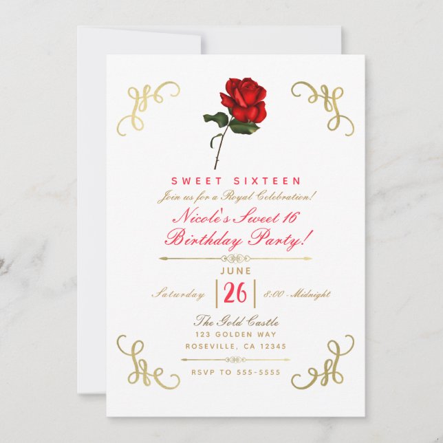 Invitation Rose rouge florale coins dorés fête douce 16 (Devant)
