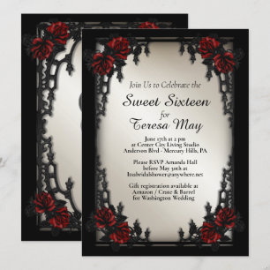Invitation Rose rouge gothique Sweet sixteen Porte de fer Or