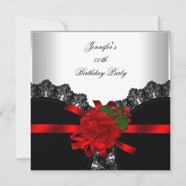 Invitation Rose Rouge Lacet Noir Argent Blanc Soirée (Devant)