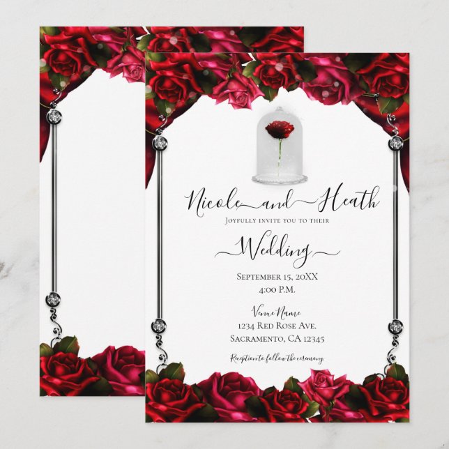 Invitation Rose rouge magique mariage blanc or argent blanc (Devant / Derrière)